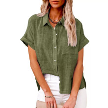 (Army green, 4XL) Ladies Linen Cotton Button Blouse Tunic Womens Casual Tops Short Sleeve T-Shirt