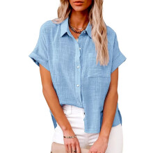 (Light Blue, 3XL) Ladies Linen Cotton Button Blouse Tunic Womens Casual Tops Short Sleeve T-Shirt