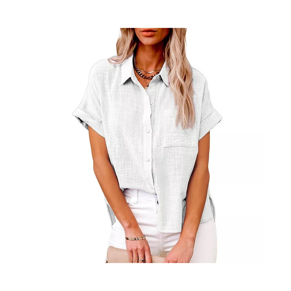 (White, 5XL) Ladies Linen Cotton Button Blouse Tunic Womens Casual Tops Short Sleeve T-Shirt