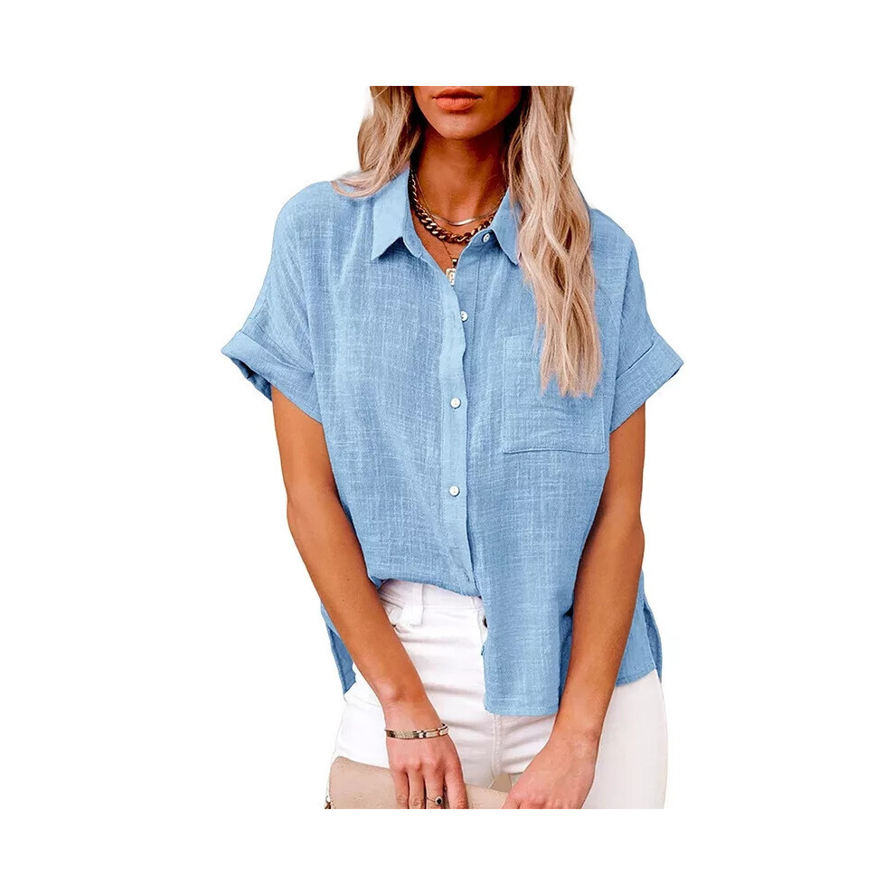 (Light Blue, 5XL) Ladies Linen Cotton Button Blouse Tunic Womens Casual Tops Short Sleeve T-Shirt