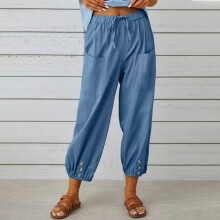 (Denim Blue, UK 20?Tag 3XL?) UK Womens Summer Casual Cotton Linen Harem Trousers Baggy Pants Plus Size