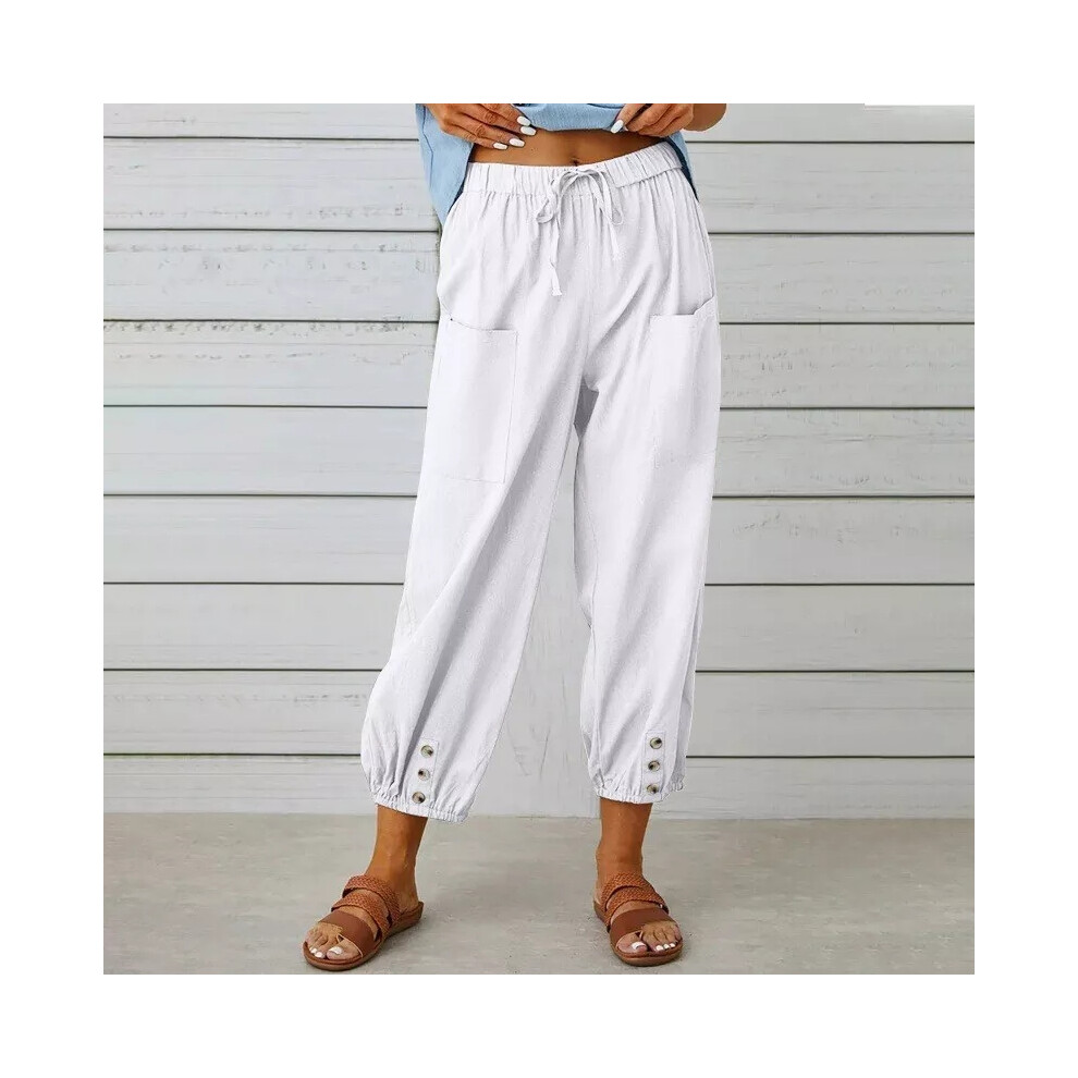 (White, UK 24?Tag 5XL?) UK Womens Summer Casual Cotton Linen Harem Trousers Baggy Pants Plus Size