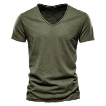 (Army Green, S) Men T-shirt V-neck Cotton Short Sleeve Casual Slim Solid T Shirts Summer Top Tee