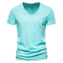 (Light Green, S) Men T-shirt V-neck Cotton Short Sleeve Casual Slim Solid T Shirts Summer Top Tee