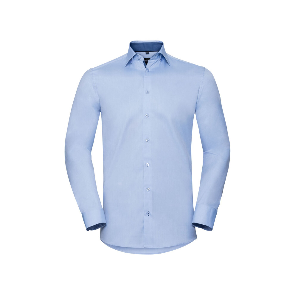 (19in, Light Blue/Mid Blue/Bright Navy) Russell Mens Contrast Herringbone Stitch Tailored Long-Sleeved Formal Shirt