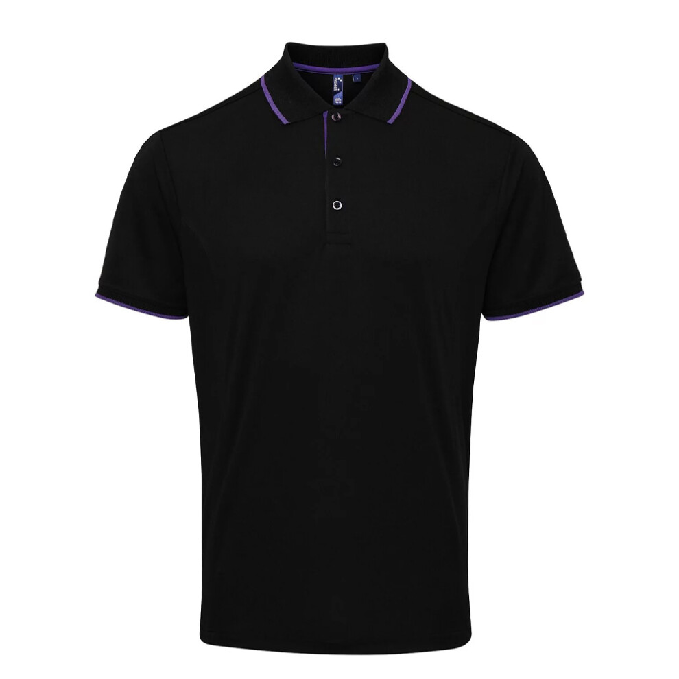 (L, Black/Purple) Premier Mens Coolchecker Contrast Pique Polo Shirt
