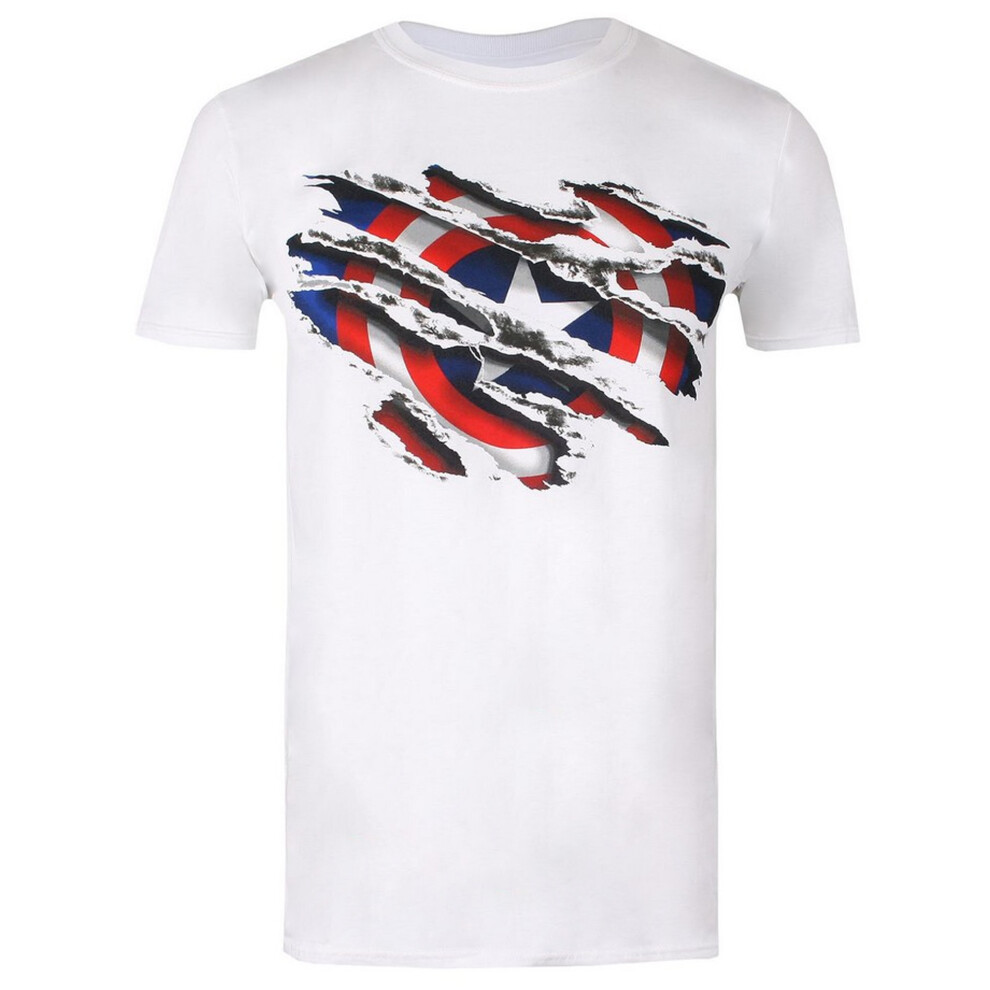 (9-10 Years, White) Captain America Boys Torn Logo T-Shirt