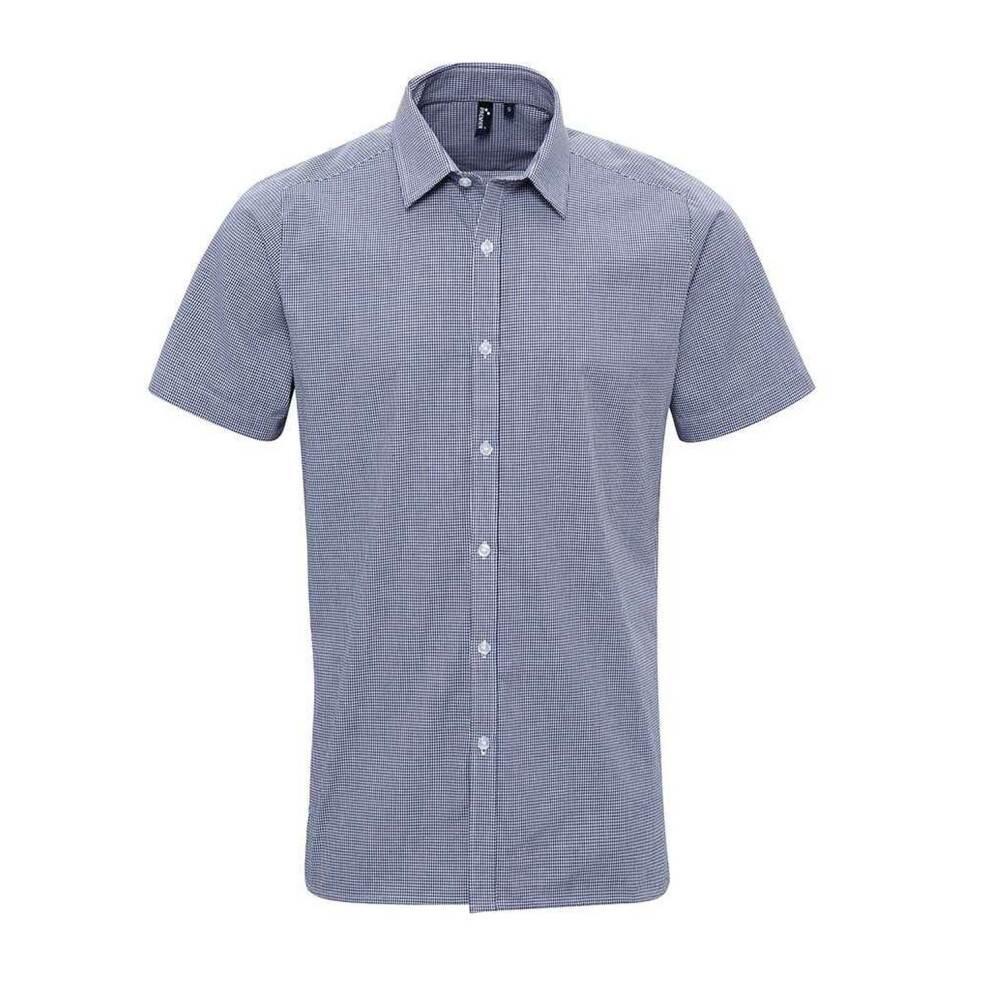 (M, Navy/White) Premier Mens Gingham Cotton Short-Sleeved Shirt