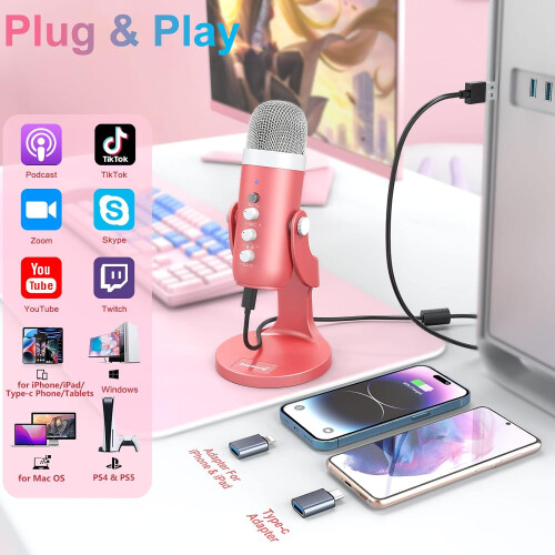 OPENED BOX NEVER USED zealsound USB Microphone, k66 Pink Podcast Mic for iPhone PC Android 2