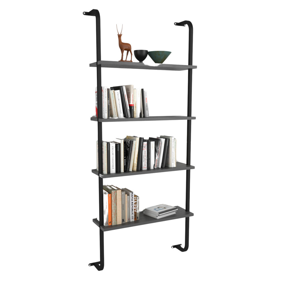 (Anthracite) 4-Shelf Wall Mounted Wooden Bookshelf
