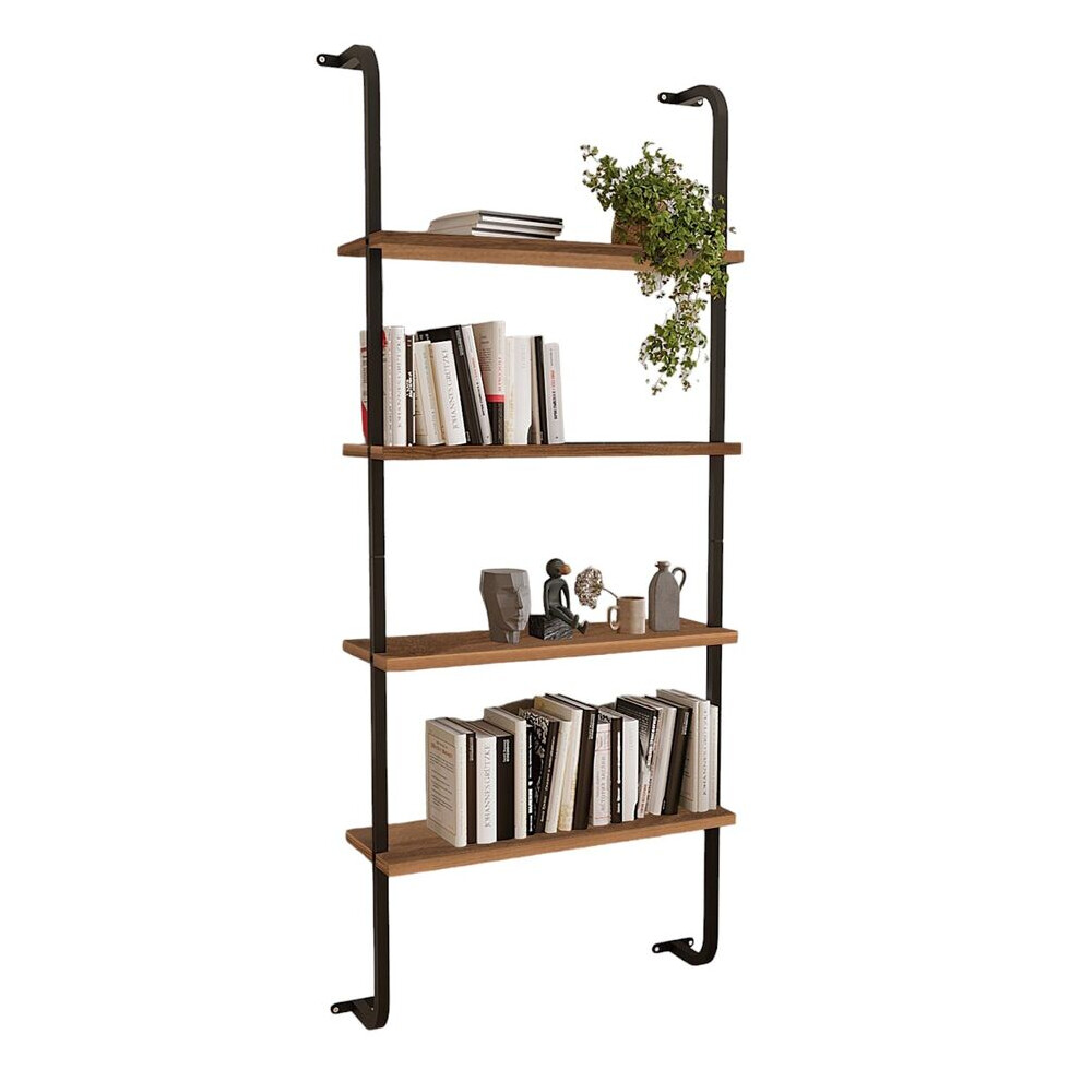 (Walnut) 4-Shelf Wall Mounted Wooden Bookshelf