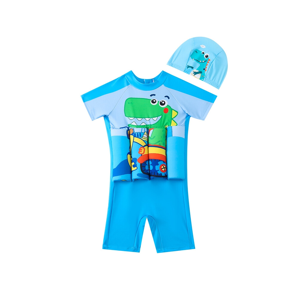 (1-2Y) Boys Buoyancy Swimwear with Cap Summer Short Sleeve Blue Dinosaur Print Swimsuit 1-5 Years For Kids-image-OPC-PDYPRFX-NEW