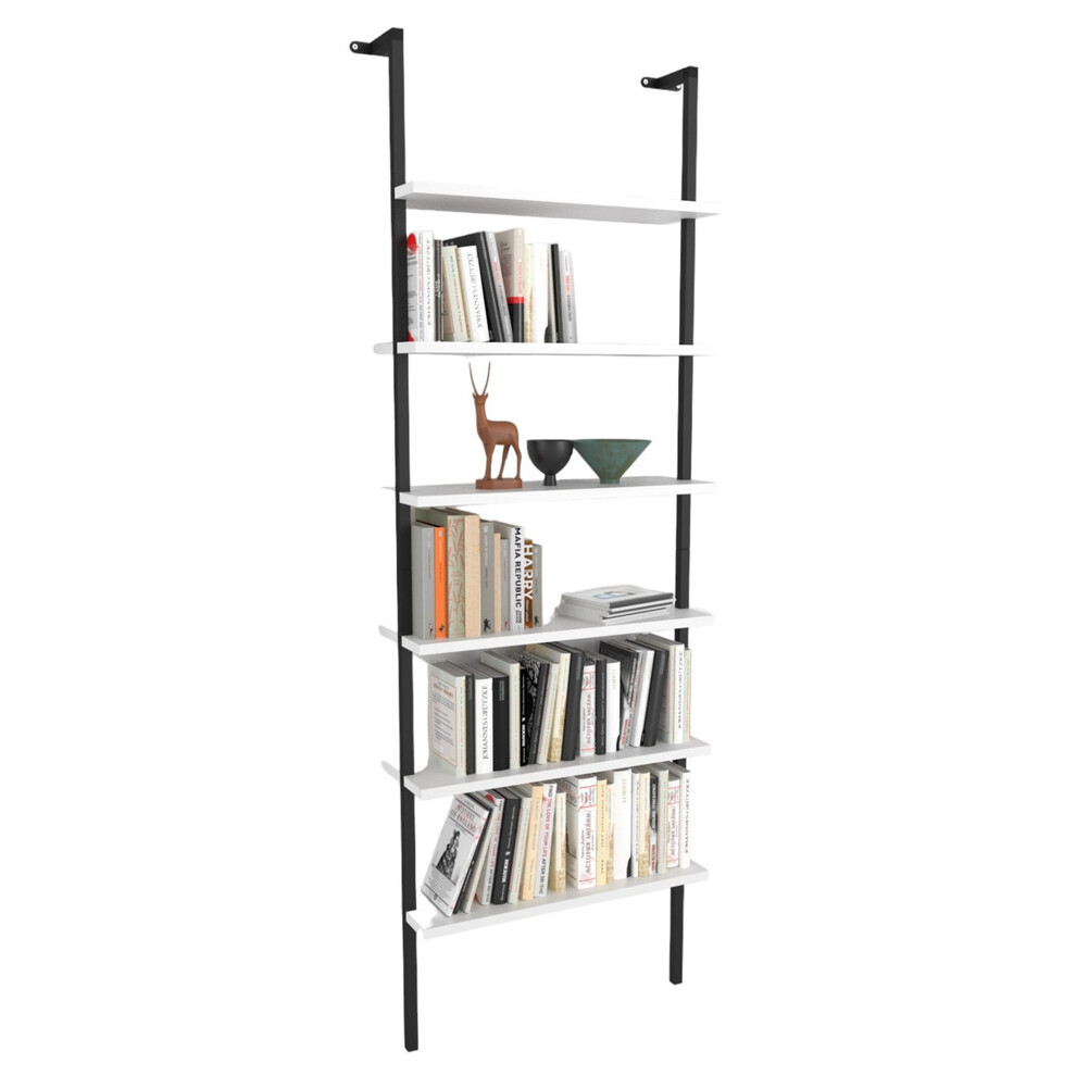 (White) 6-Shelf Wall Mounted Wooden Bookshelf