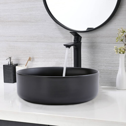 Living And Home Round Black Ceramic Countertop Basin Bathroom Sink W 360 mm 1