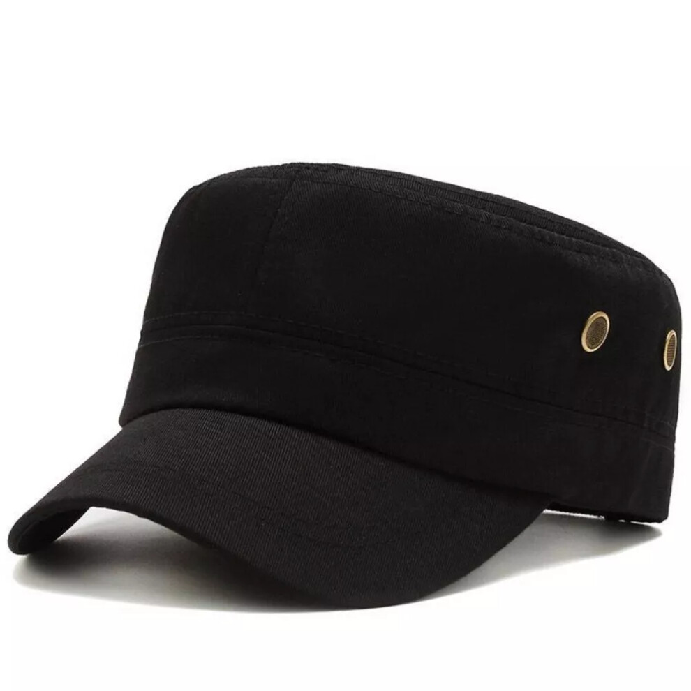 (Black) Plain Cotton Army Hat Military Combat Hat Flat-Top Cap Sun Hat Cadet Black