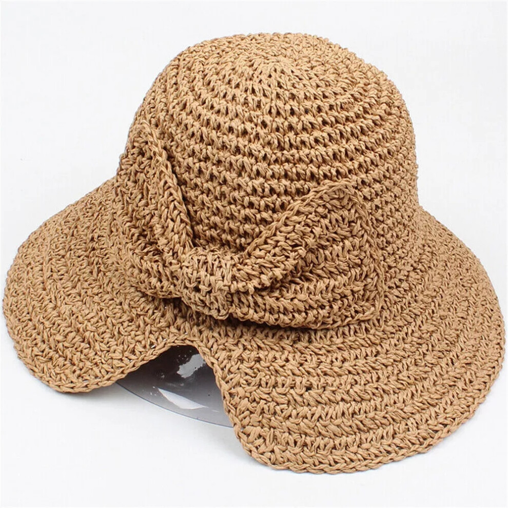 (Khaki) UK Ladies Foldable Fashion Sun Hat Bow Straw Hats Beach Sun Hat Brimmed Cap