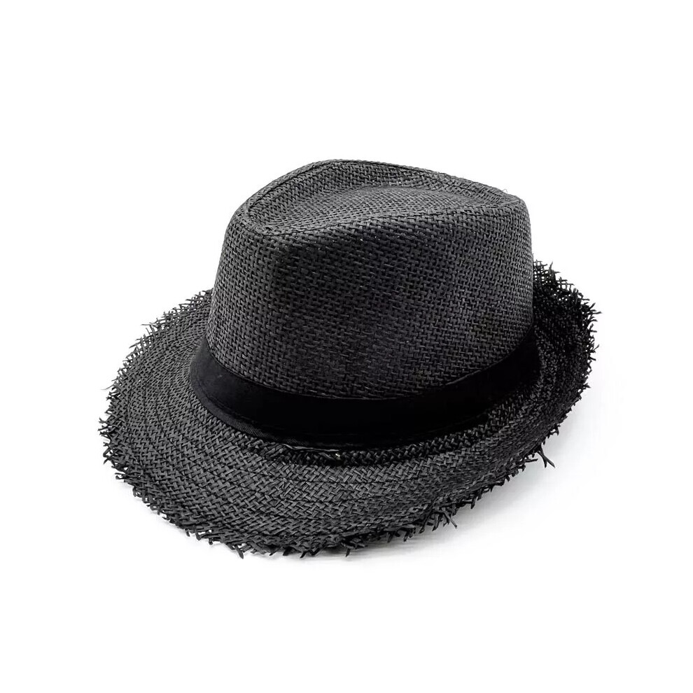 (Black) Mens Straw Trilby Sun Hat Ladies Womens Summer Panama Designer Fedora Beach Caps