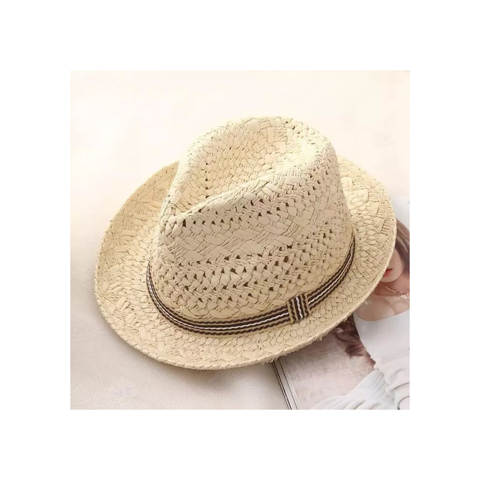 (Biege / 50-52cm) Dad Boy Kid Men Trilby Cowboy Summer Beach Sun Hat Jazz Fedora Hat Gangster Cap