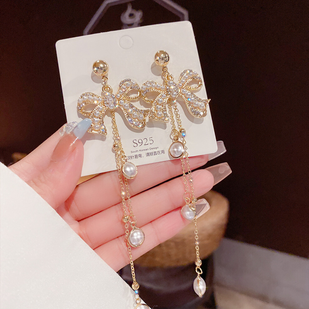 (E0022 Silver Needle) S925 silver needle fashion tassel earrings Korean high-end pearl earrings temperament earrings light luxury niche jewelry for wo