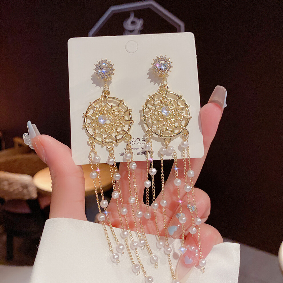 (E0258 Silver Needle) S925 silver needle fashion tassel earrings Korean high-end pearl earrings temperament earrings light luxury niche jewelry for wo