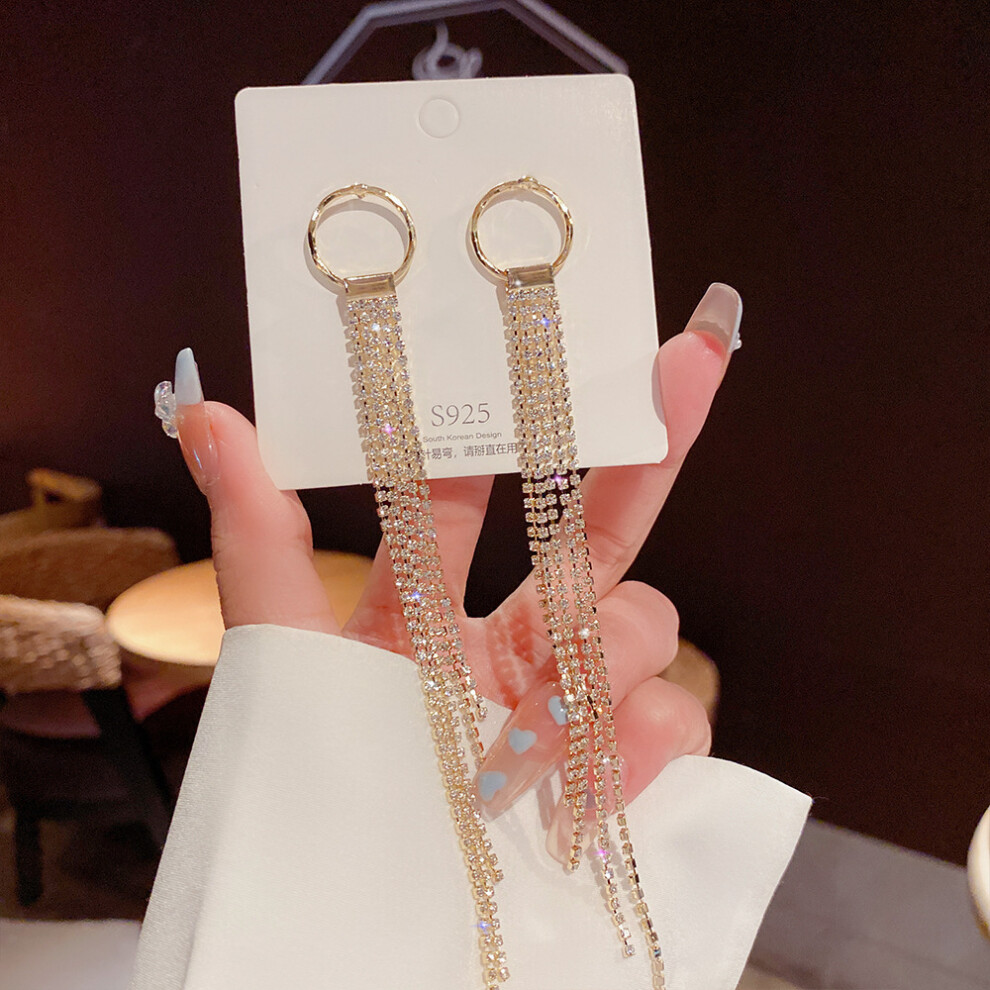 (E0068 gold silver needle) S925 silver needle fashion tassel earrings Korean high-end pearl earrings temperament earrings light luxury niche jewelry f