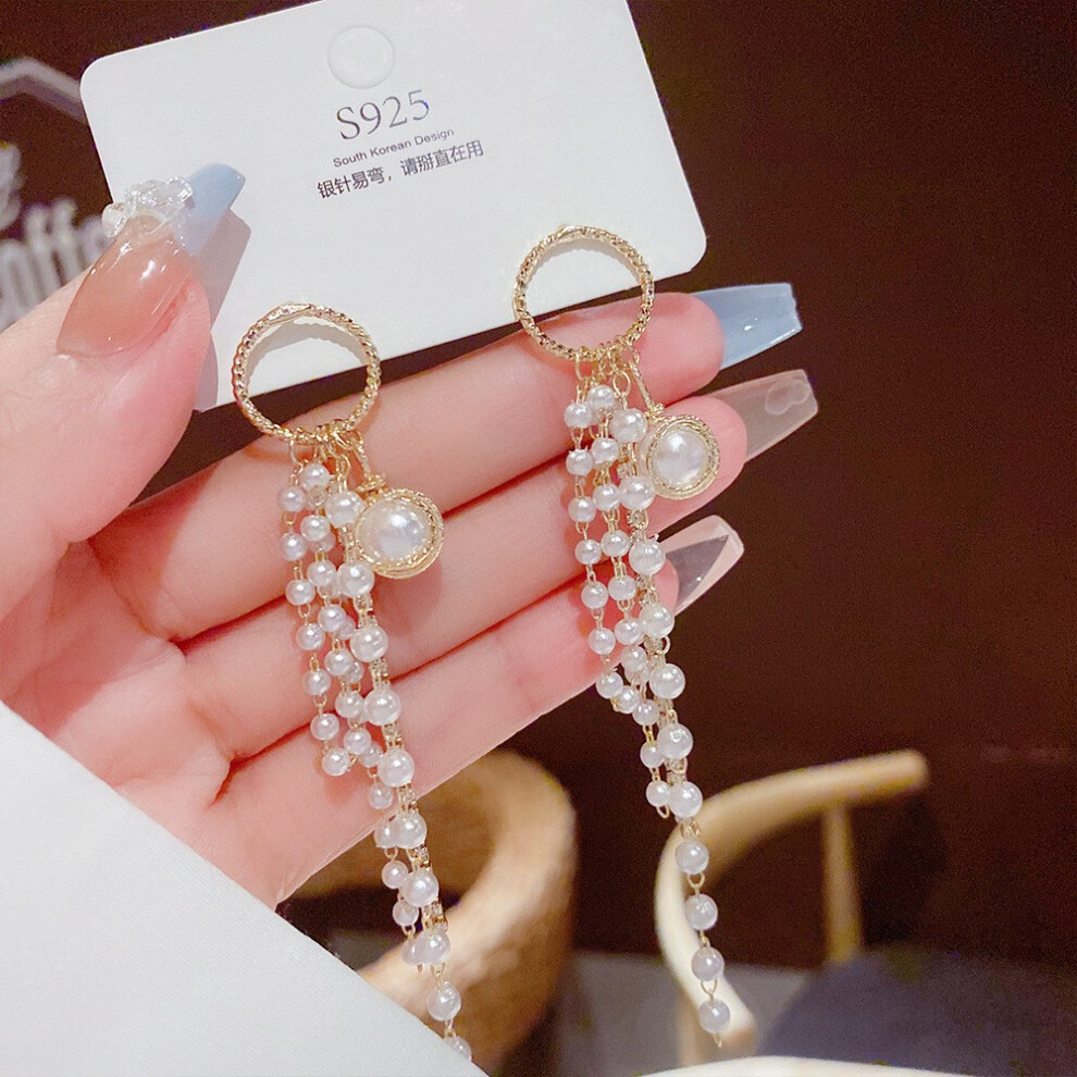 (E0311 Silver Needle) S925 silver needle fashion tassel earrings Korean high-end pearl earrings temperament earrings light luxury niche jewelry for wo