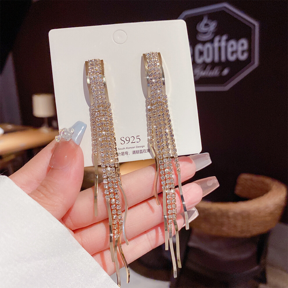 (E0085 gold silver needle) S925 silver needle fashion tassel earrings Korean high-end pearl earrings temperament earrings light luxury niche jewelry f