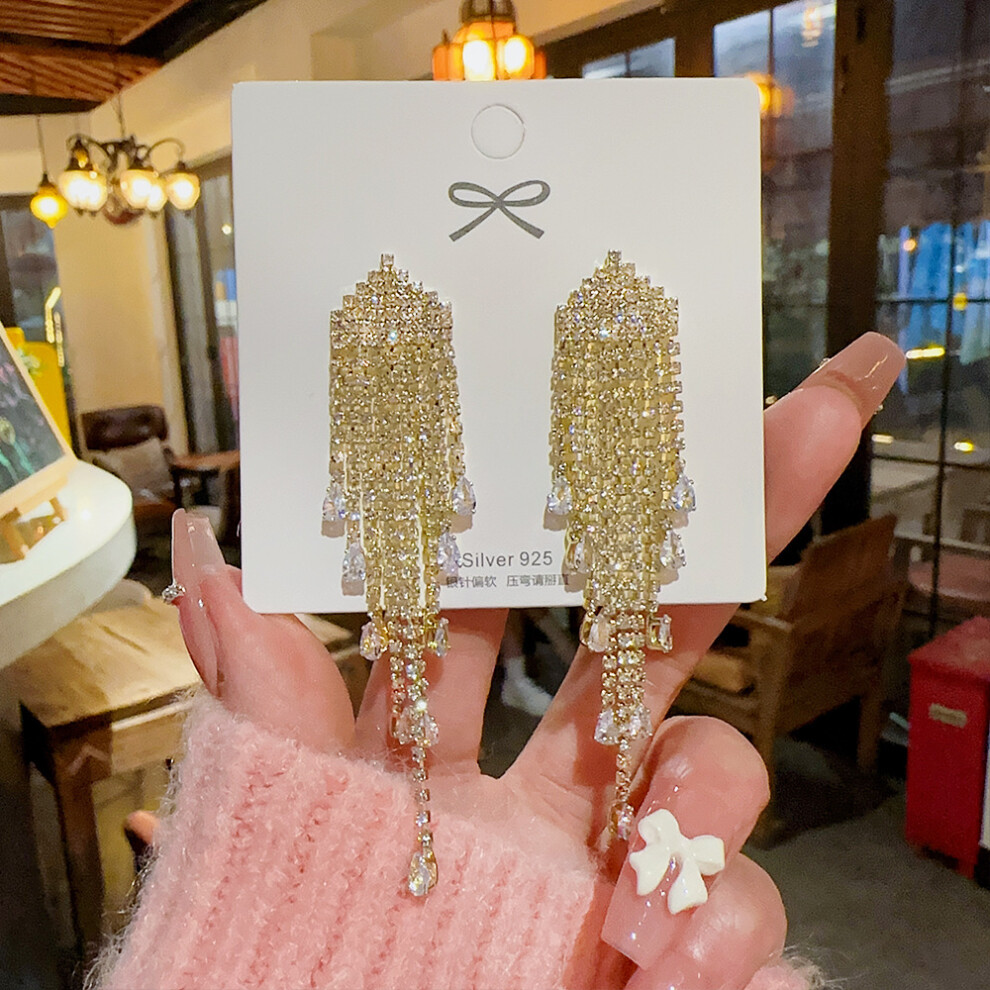 (E0298 gold silver needle) S925 silver needle fashion tassel earrings Korean high-end pearl earrings temperament earrings light luxury niche jewelry f