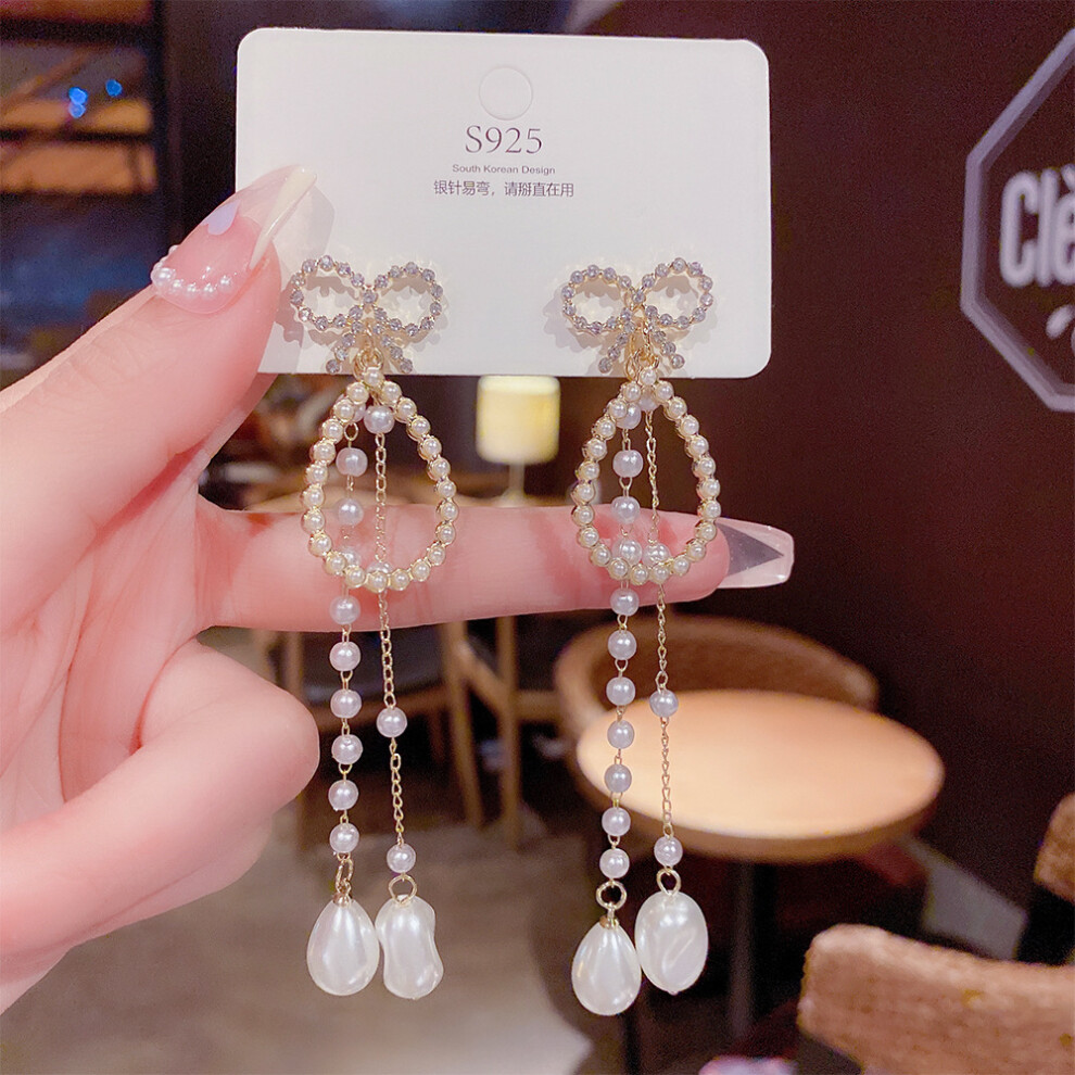 (E0106 Silver Needle) S925 silver needle fashion tassel earrings Korean high-end pearl earrings temperament earrings light luxury niche jewelry for wo