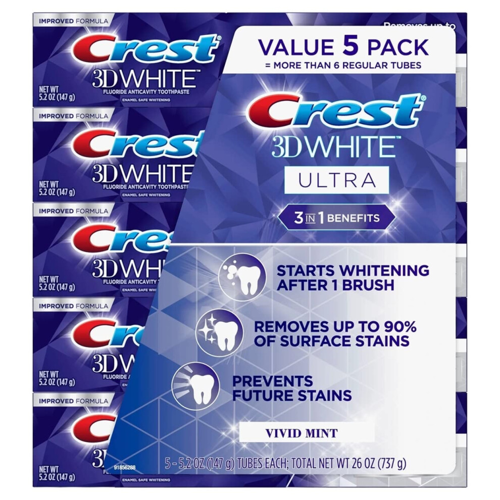 Crest 3D White Ultra Whitening Toothpaste, Vivid Mint, 5.2 oz., 5 pk.