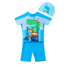 (3-4Y) Boys Buoyancy Swimwear with Cap Summer Short Sleeve Blue Dinosaur Print Swimsuit 1-5 Years For Kids