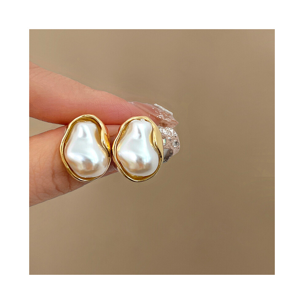 (1# Silver Needle-Gold-White Irregular Pearl) Silver Needle French Baroque Pearl Flower Tassel Earrings Fashionable Versatile Earrings Temperament Lig