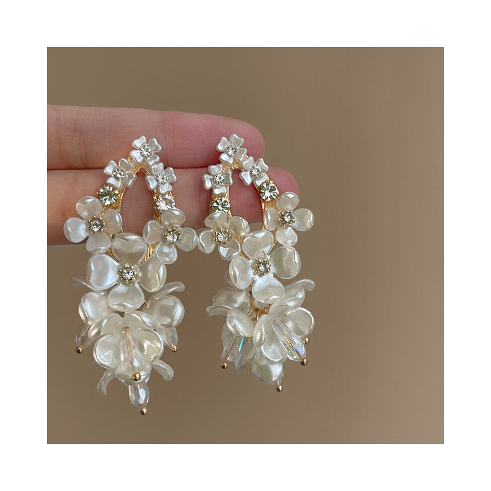 (13# Silver Needle-Gold-White Pearl Flowers) Silver Needle French Baroque Pearl Flower Tassel Earrings Fashionable Versatile Earrings Temperament Ligh