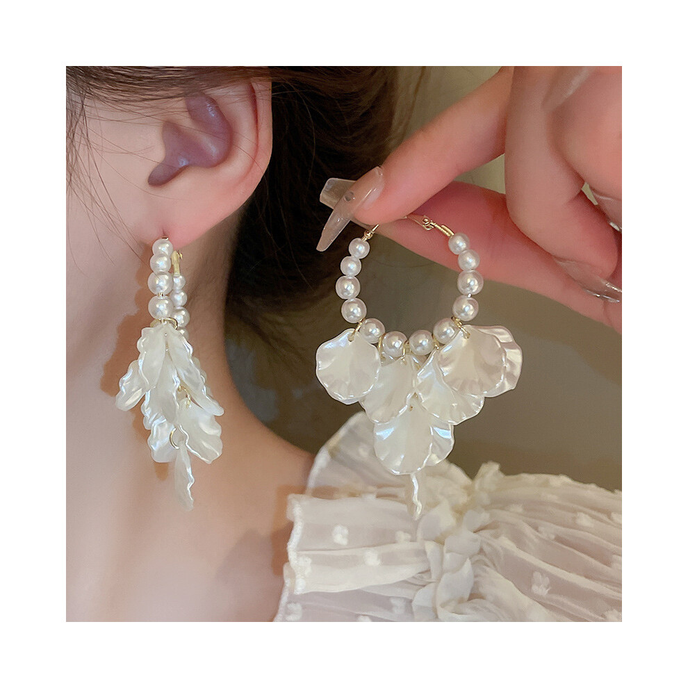 (19# silver needle-gold-white pearl) Silver Needle French Baroque Pearl Flower Tassel Earrings Fashionable Versatile Earrings Temperament Light Luxury