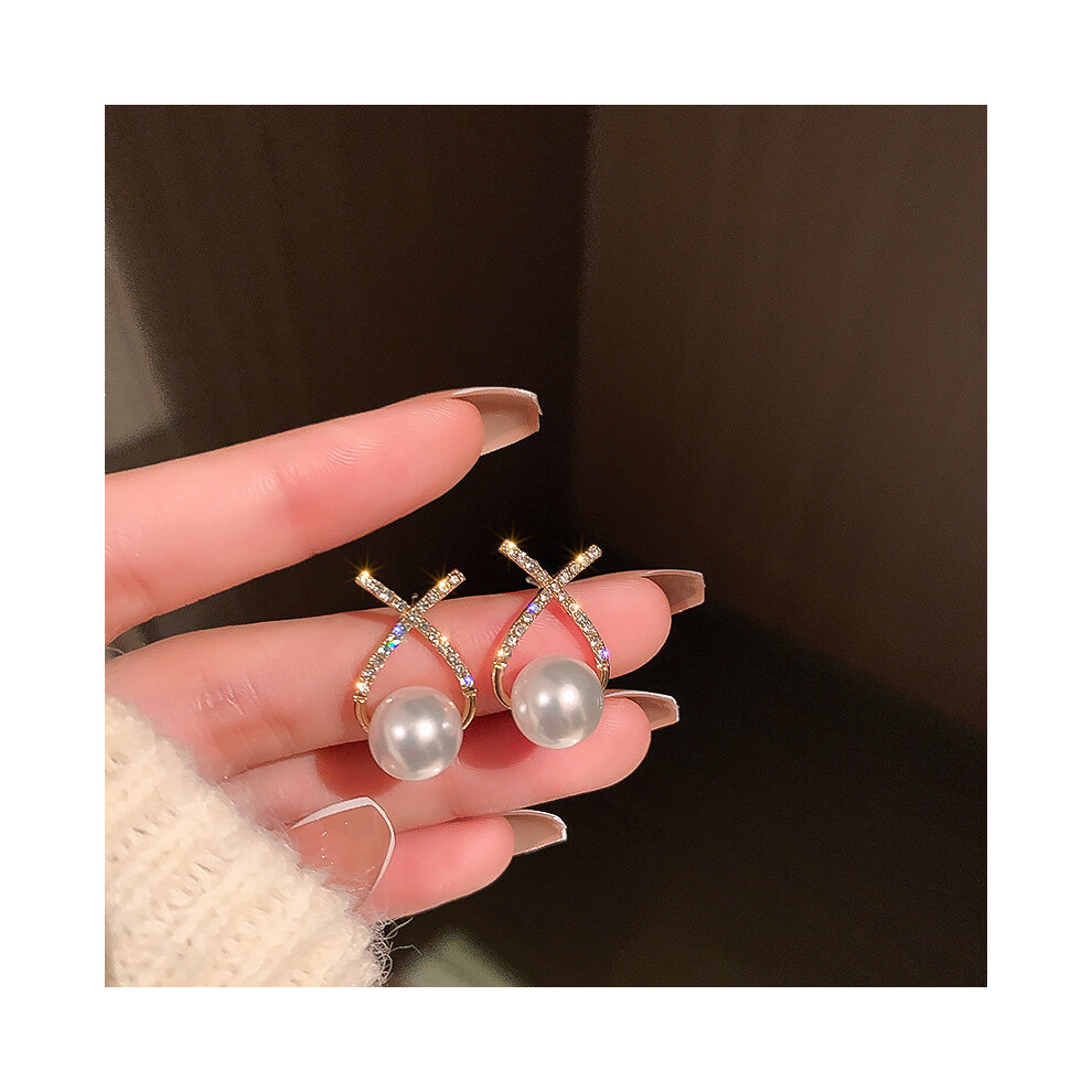 (31# silver needle-alloy-gold diamond cross) Silver Needle French Baroque Pearl Flower Tassel Earrings Fashionable Versatile Earrings Temperament Ligh