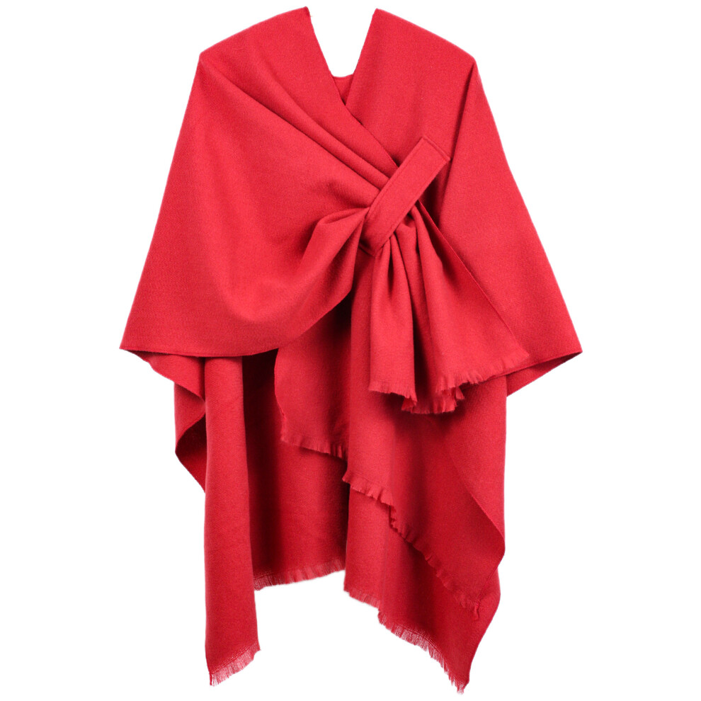 (Red / red) 2024 new women's placket with bar slit shawl European and American crossborder foreign trade solidWomen Large Cross Front Poncho Sweater W