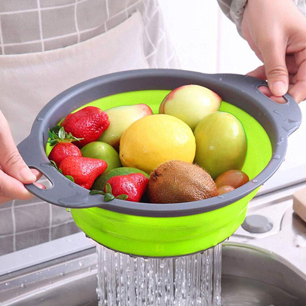 (Green) Collapsible Kitchen Silicone Colander Strainer Bowl