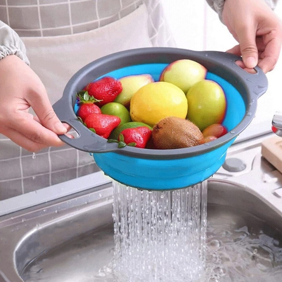 (Blue) Collapsible Kitchen Silicone Colander Strainer Bowl