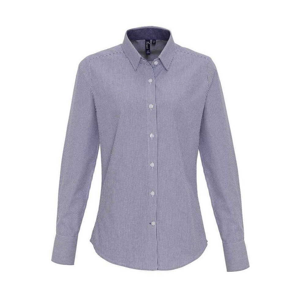 (M, White/Navy) Premier Womens/Ladies Striped Oxford Long-Sleeved Formal Shirt