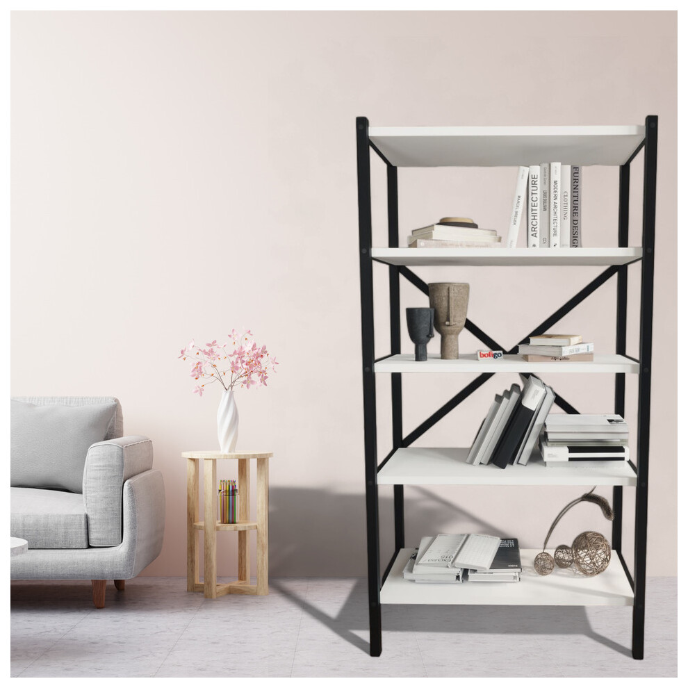 (White) 5-Shelf Wood Bookcase Unit With Metal Frame