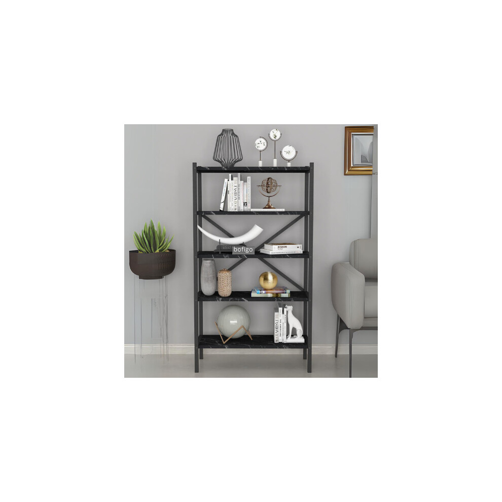 (Black Marble) 5-Shelf Wood Bookcase Unit With Metal Frame