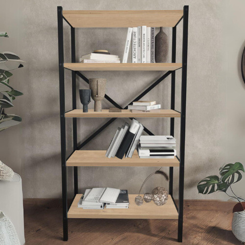 URBN Living (Sapphire Oak) 5-Shelf Wood Bookcase Unit With Metal Frame