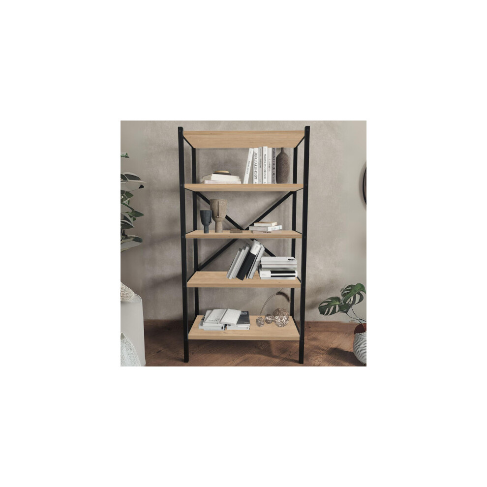 (Sapphire Oak) 5-Shelf Wood Bookcase Unit With Metal Frame