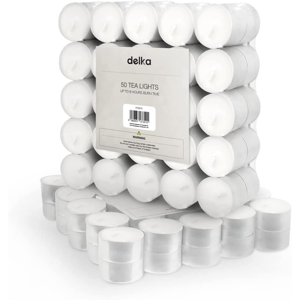 DELKA 8 Hour Tea Light Candles 50 Pack Long Burning Time Unscented Tea Lights White