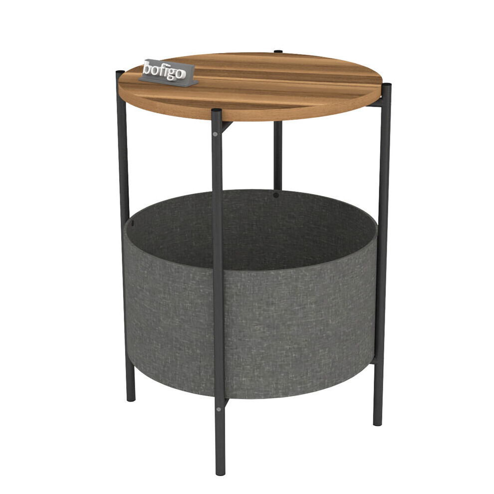 (Walnut) Round Wooden Side Table with Storage Bag and Metal