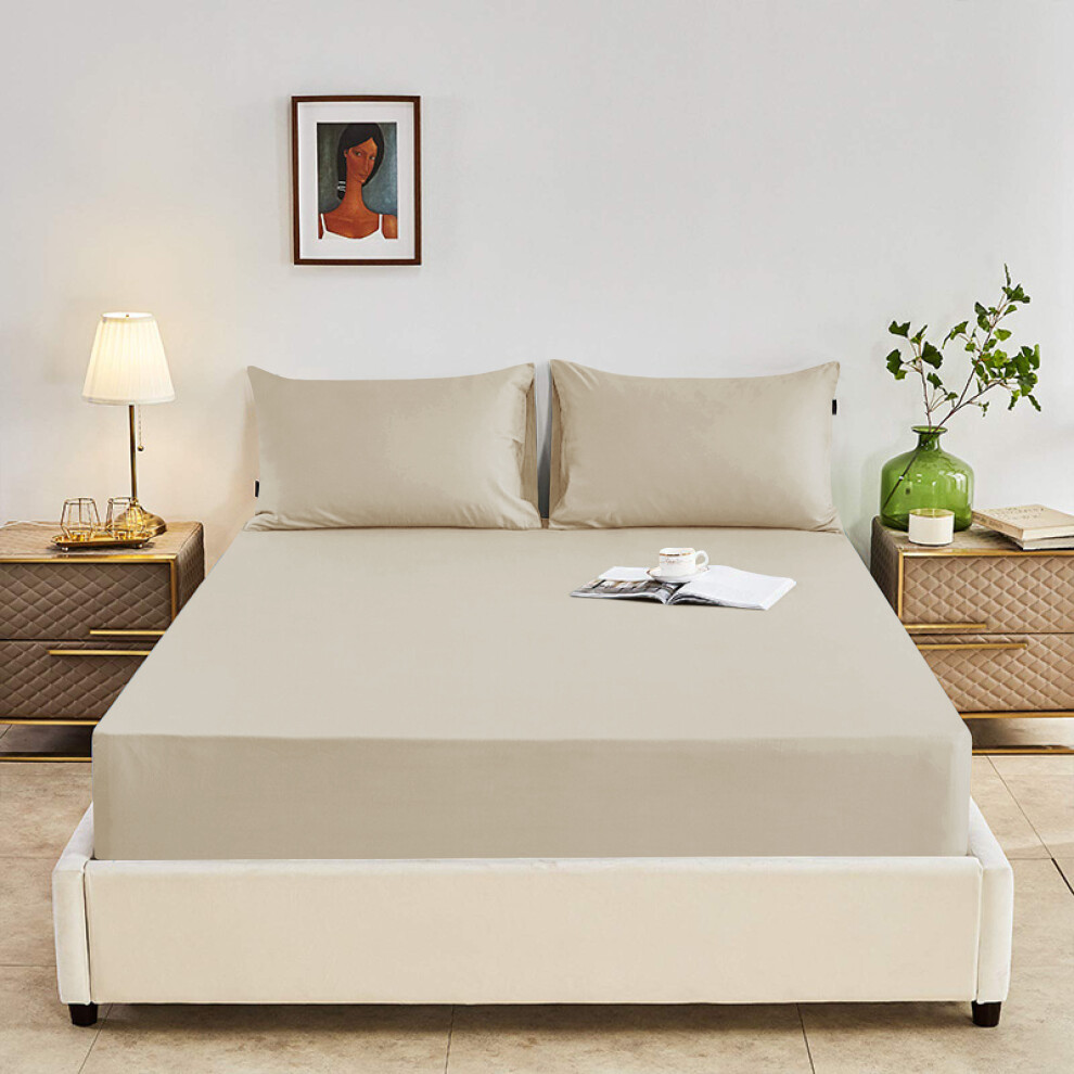 (Beige, King) Single Double King Fitted Sheets Plain Bed Sheet