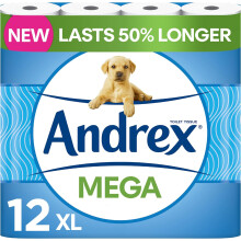 Andrex Classic Clean Mega Toilet Roll 12 Mega XL Same Quality Lasts Even Longer 12 Mega Toilet Rolls 18 Standard Rolls Paper 2-Ply,Packaging may vary