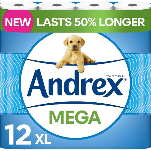 Andrex Classic Clean Mega Toilet Roll 12 Mega XL Same Quality Lasts Even Longer 12 Mega Toilet Rolls 18 Standard Rolls Paper 2-Ply,Packaging may vary