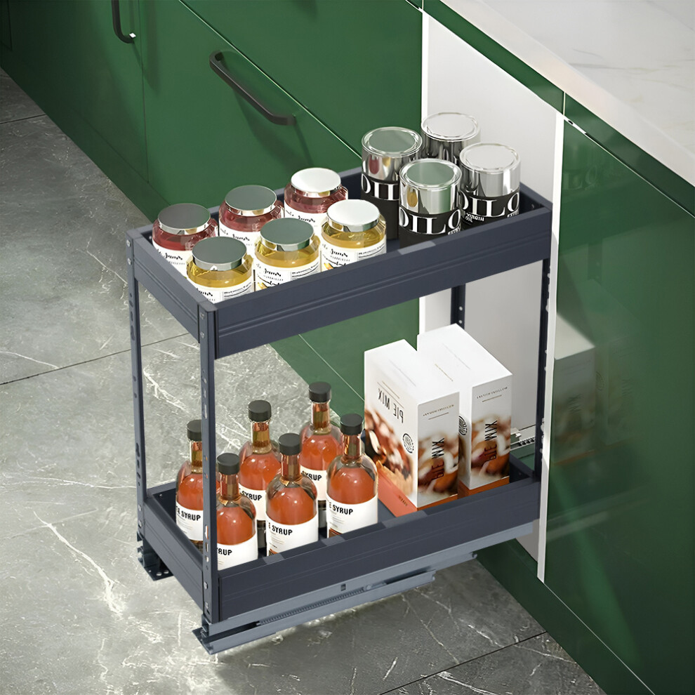 (20cm W x 43cm D x 45cm H) 2-Tier Kitchen Cabinet Pull Out Aluminium Shelf