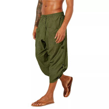 (Green, M = 36) Mens Cotton Linen Baggy 3/4 Harem Pants Casual Loose Yoga Hippie Beach Trousers